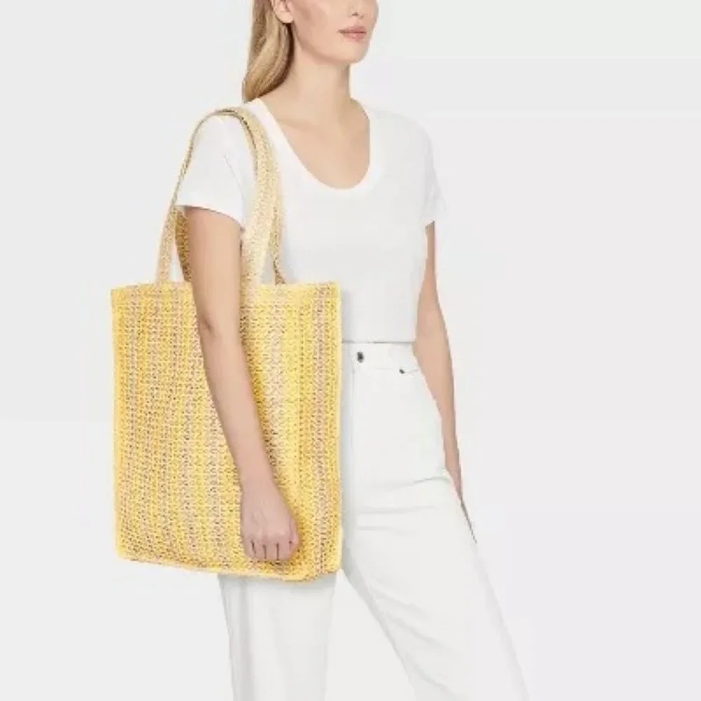 Universal Thread Crochet Woven Handbag Yellow Beige Tote Single Compartment - Picture 2 of 11